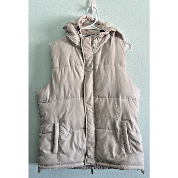 New Balance Puffer Vest Zip Jacket Hooded Beige Mens Poly Windbreaker Sz M - Picture 2 of 6
